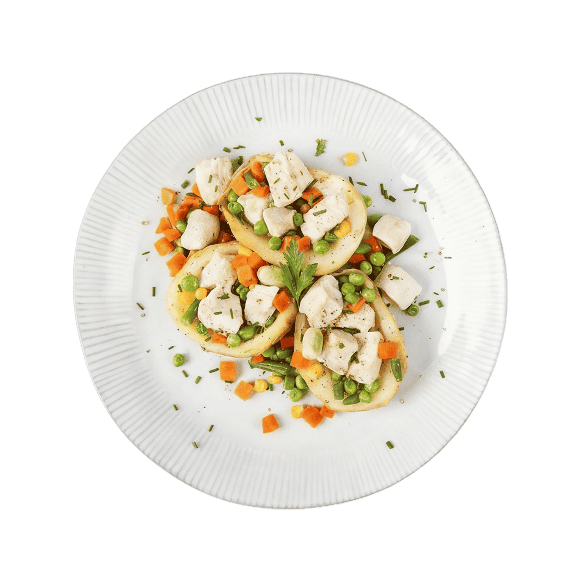 Chicken, Potato Skins & Mixed Veg