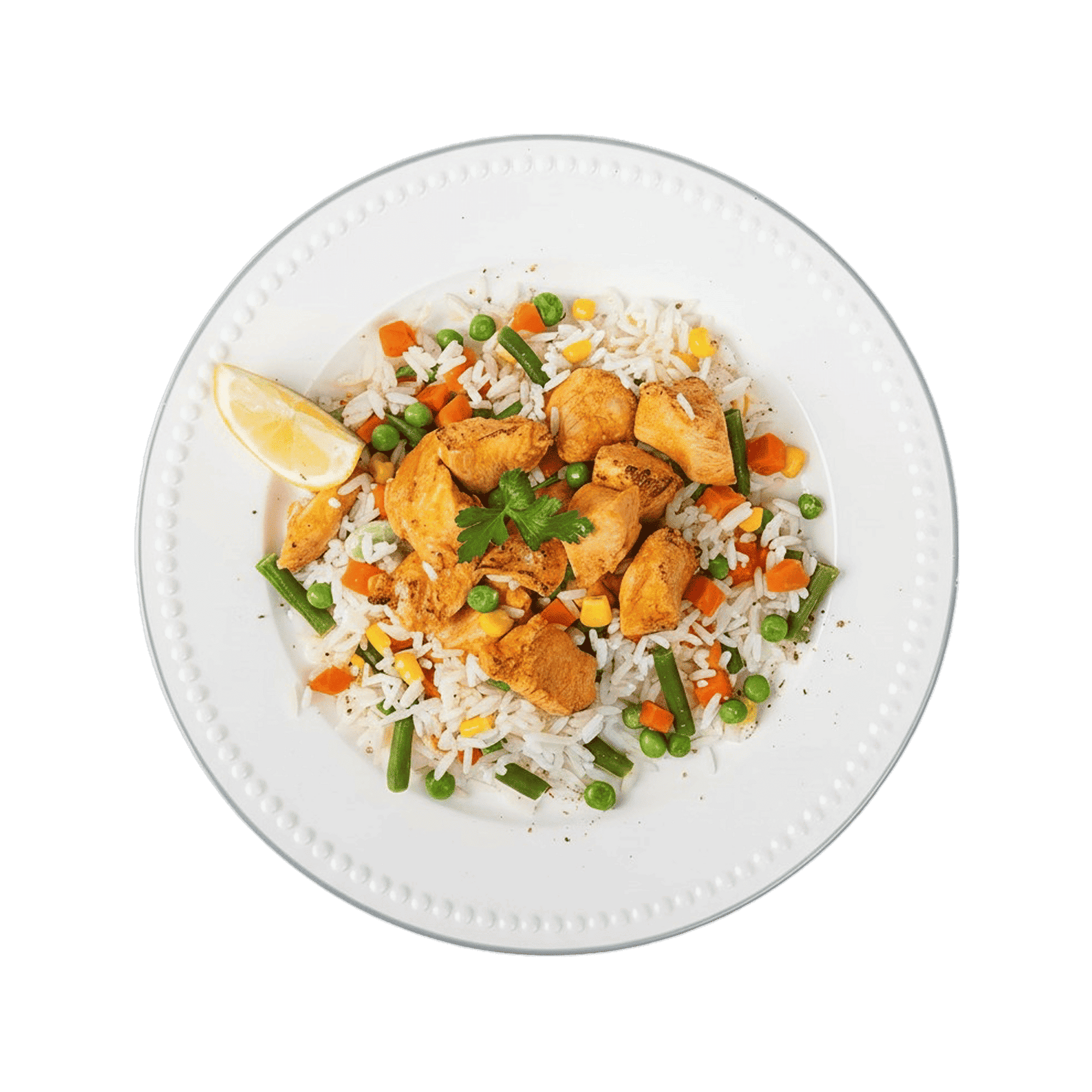 Chicken Tikka, Mixed Veg & Rice